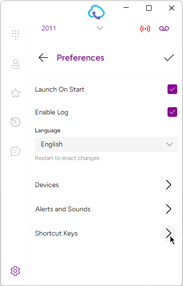 Selecting Shortcut Keys on Preferences